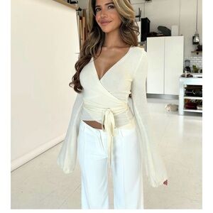 Wrap-Front V-Neck Long-Sleeve Top in Ivory